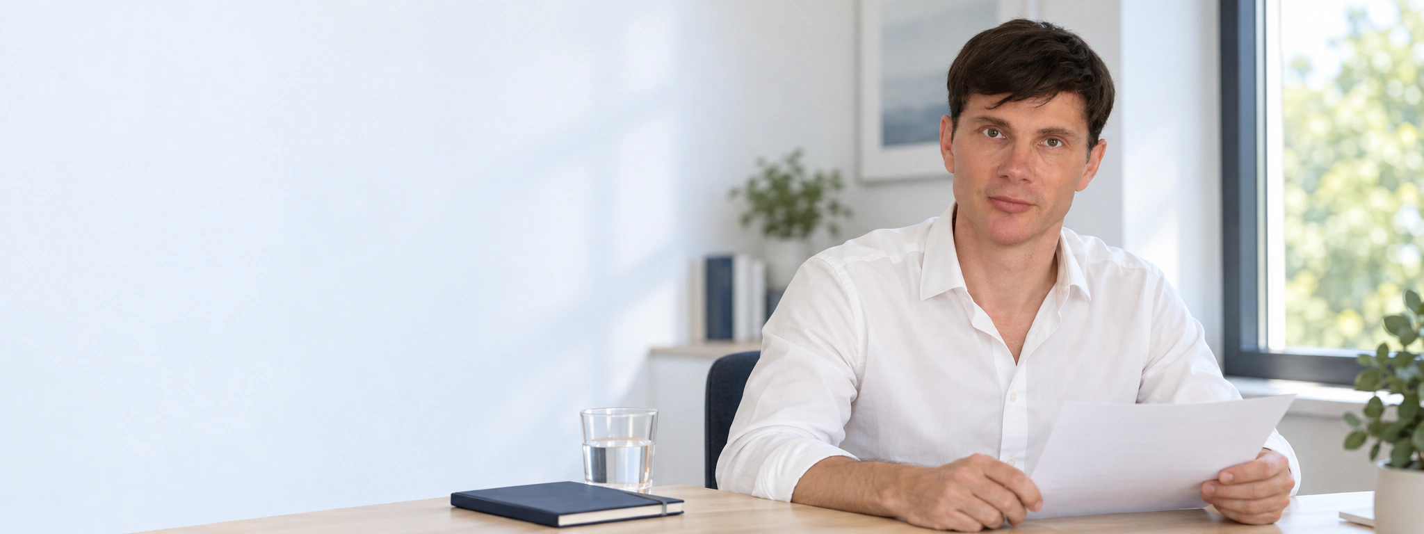 Volodymyr Krasnykh im weißen Hemd mit Unterlagen am hellen Schreibtisch am Fenster